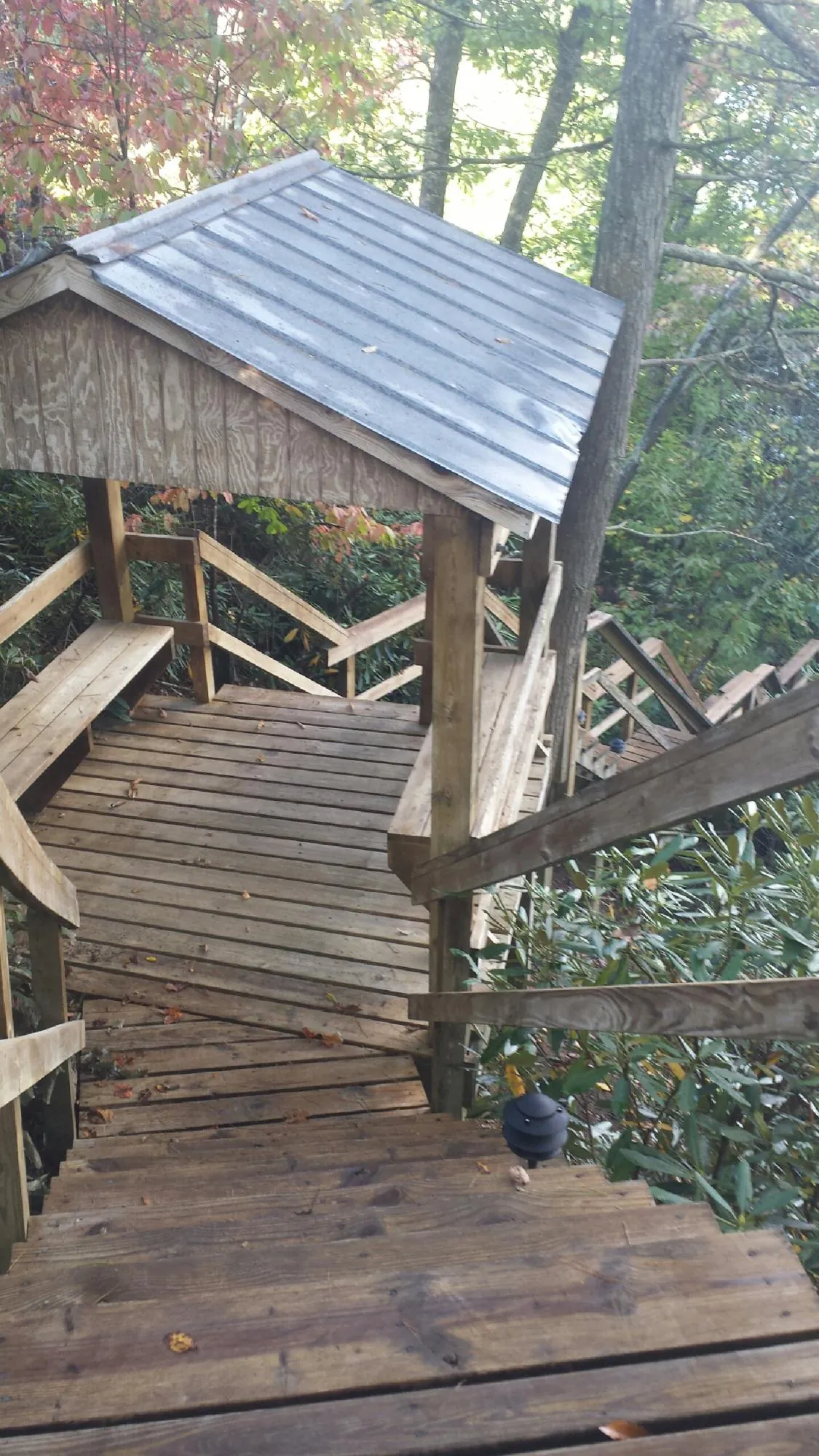 Metal roofed shelter over wooden steps on a wooded walkway — Skylight Repair & Installation work by our crew in Grassy Creek